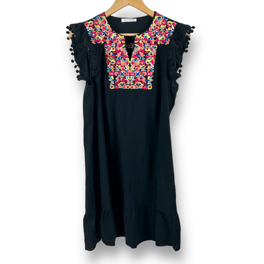 Kirundo Womens Size L Short Sleeve Colorful Embroidered Dress Pom Pom Fringe Hem