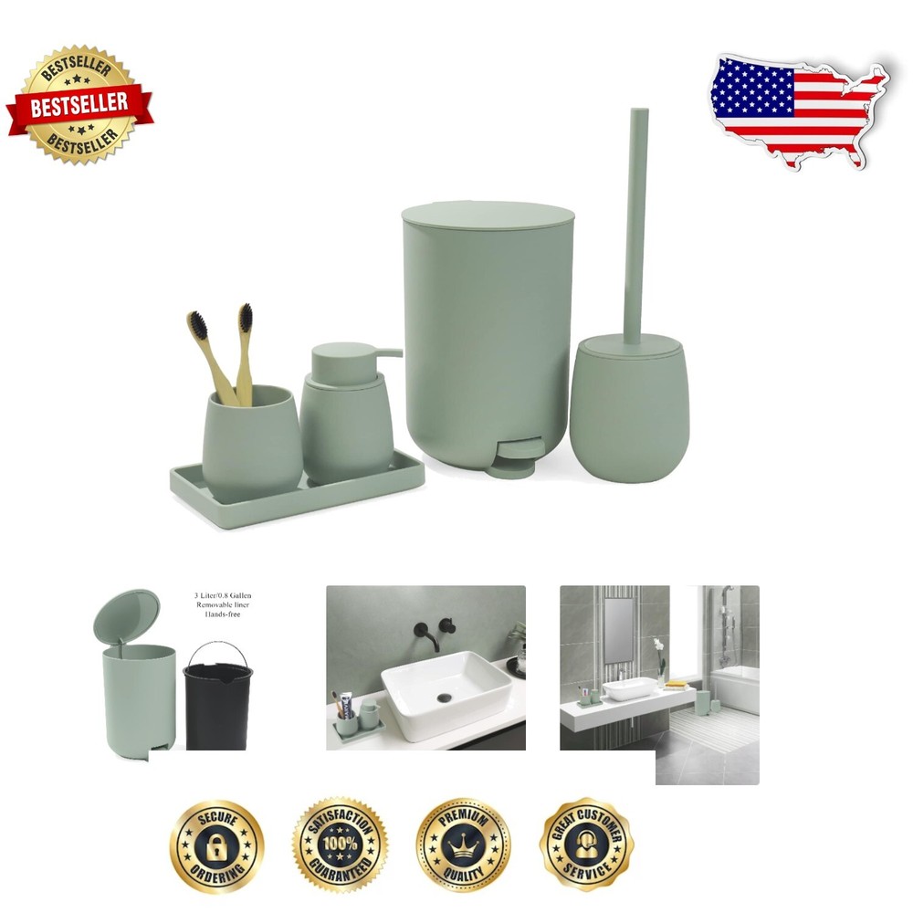 Compact Sage Green Bathroom Accessories: Trash Can, Dispenser, Toothbrush Holder