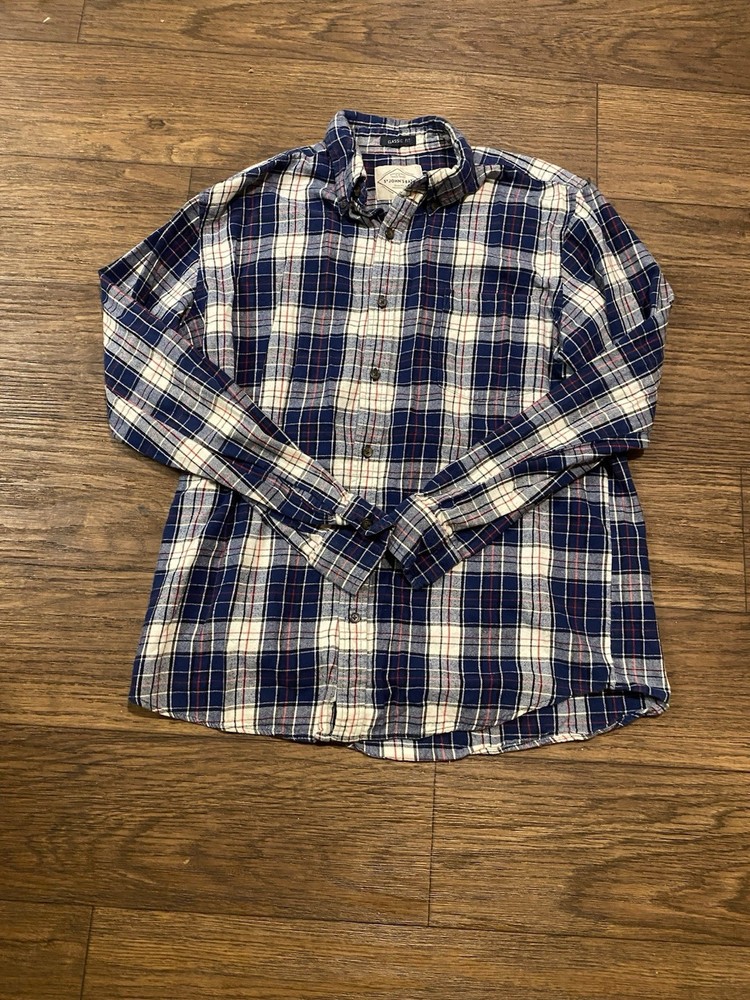 St Johns Bay Flannel Button Down Men Shirt Blue Plaid Long Sleeve L
