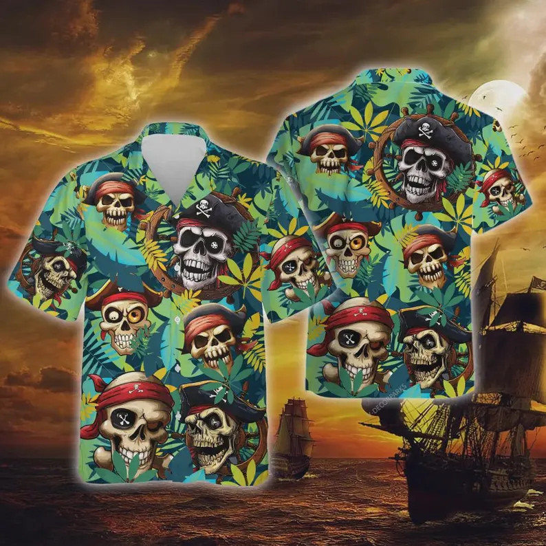 Tropical Pirate Skull Hawaii Shirt Men Beach Vacation Aloha Summer