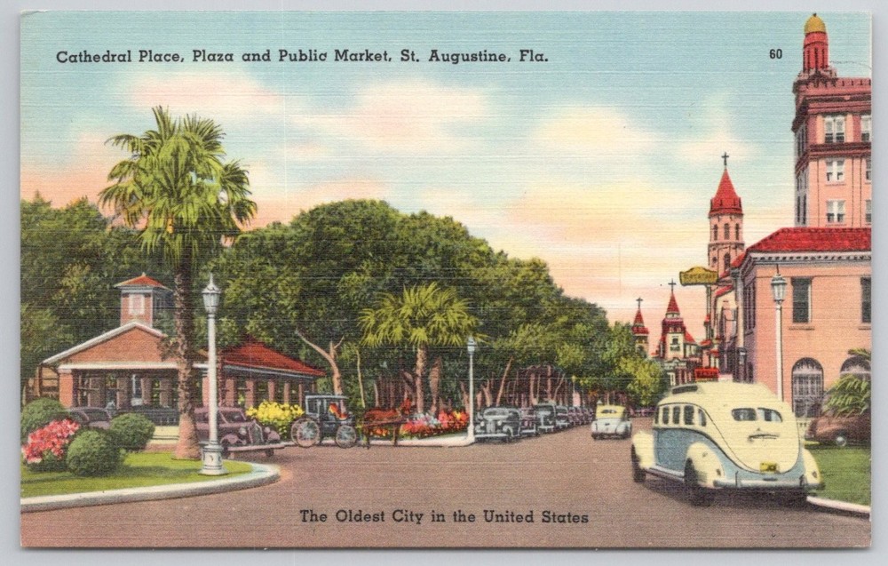 Vintage St. Augustine FL Cathedral Place Plaza Public Market Linen Postcard