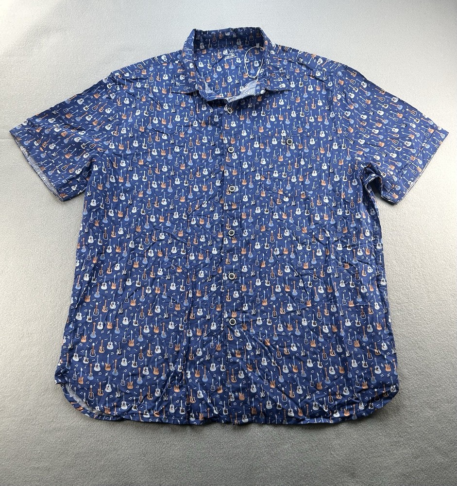 Age of Wisdom Guitar Print Shirt Blue Men's Large Modal NWT Short Sleeve Button