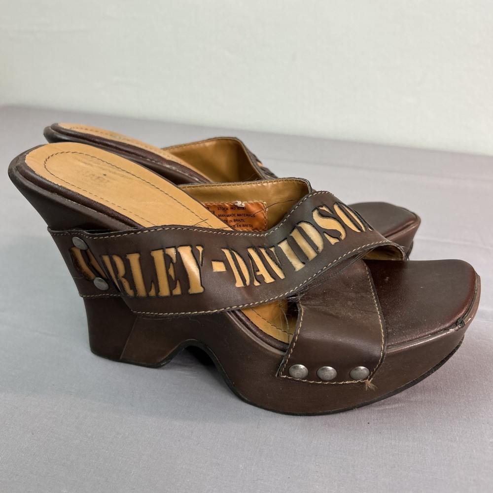 Women's Size 8 Harley Davidson Wedge Heel Brown Sandals Shoe Biker Moto