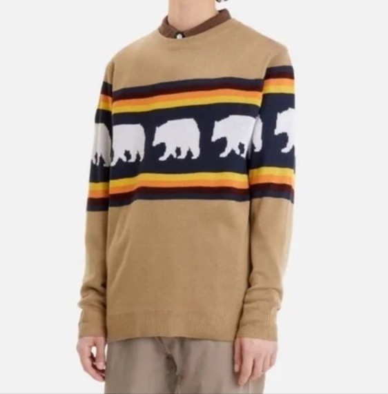 KAVU Highline Brown Sweater Bear Print Orange and Yellow Accents MEN'S size M