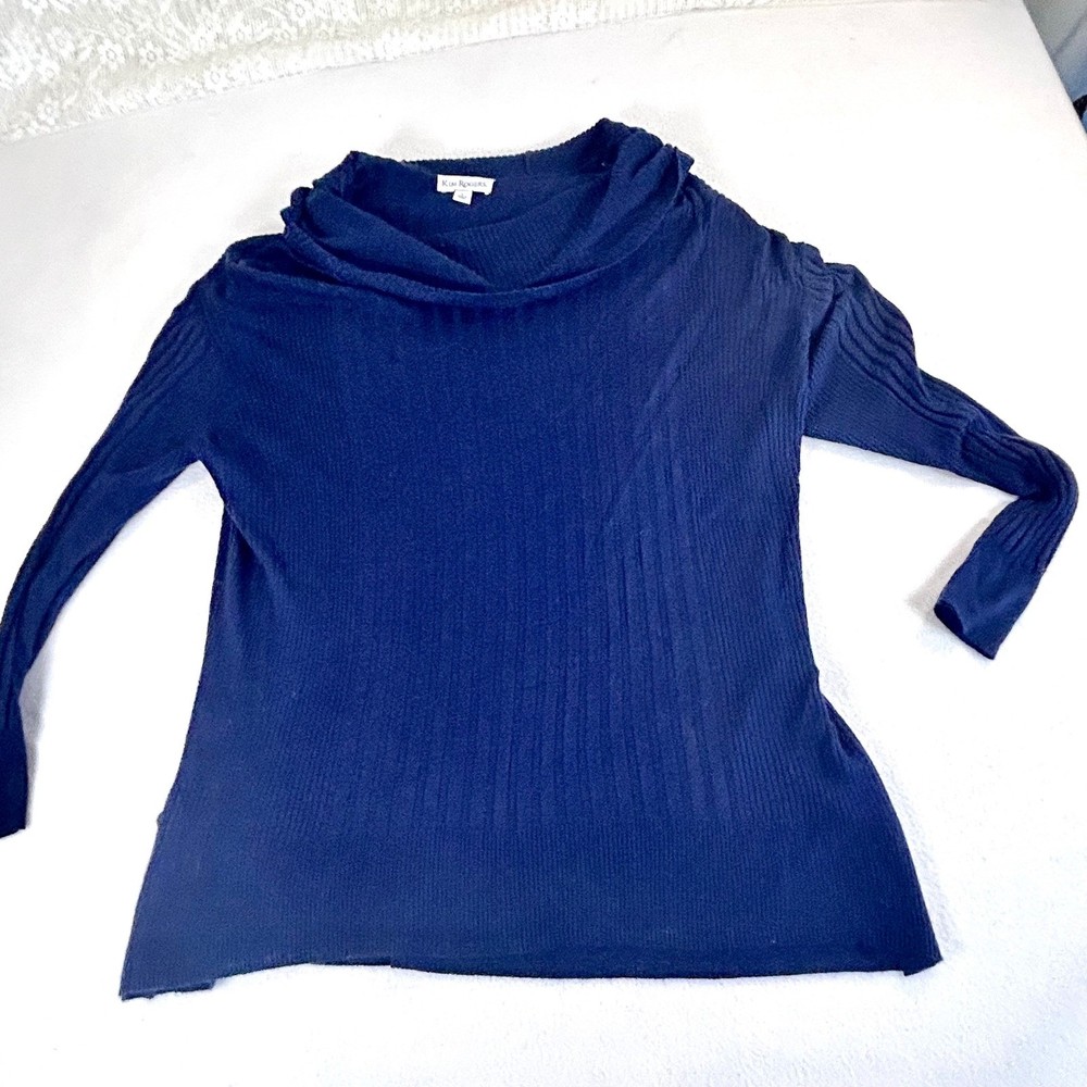 Kim Rogers Women Navy Blue Ribbed Cowl Neck Sweater Long Sleeve Size L