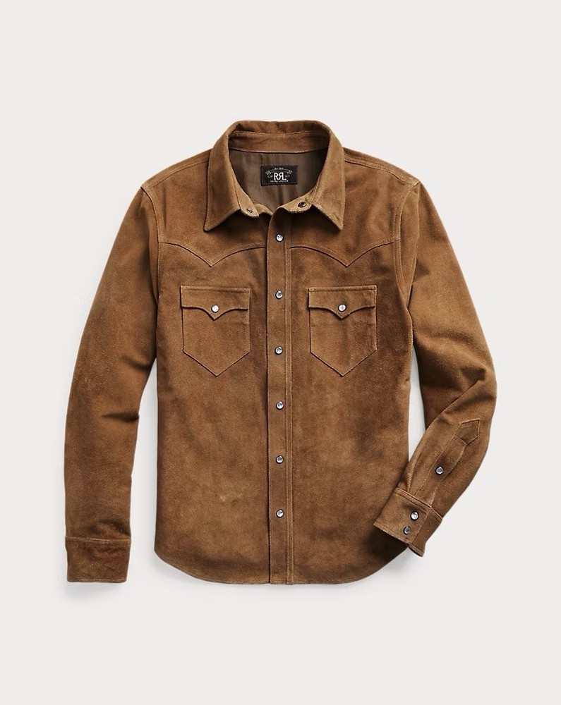 RRL Double RL Lulworth Distressed Suede Western Shirt Jacket Tan Snap Size M