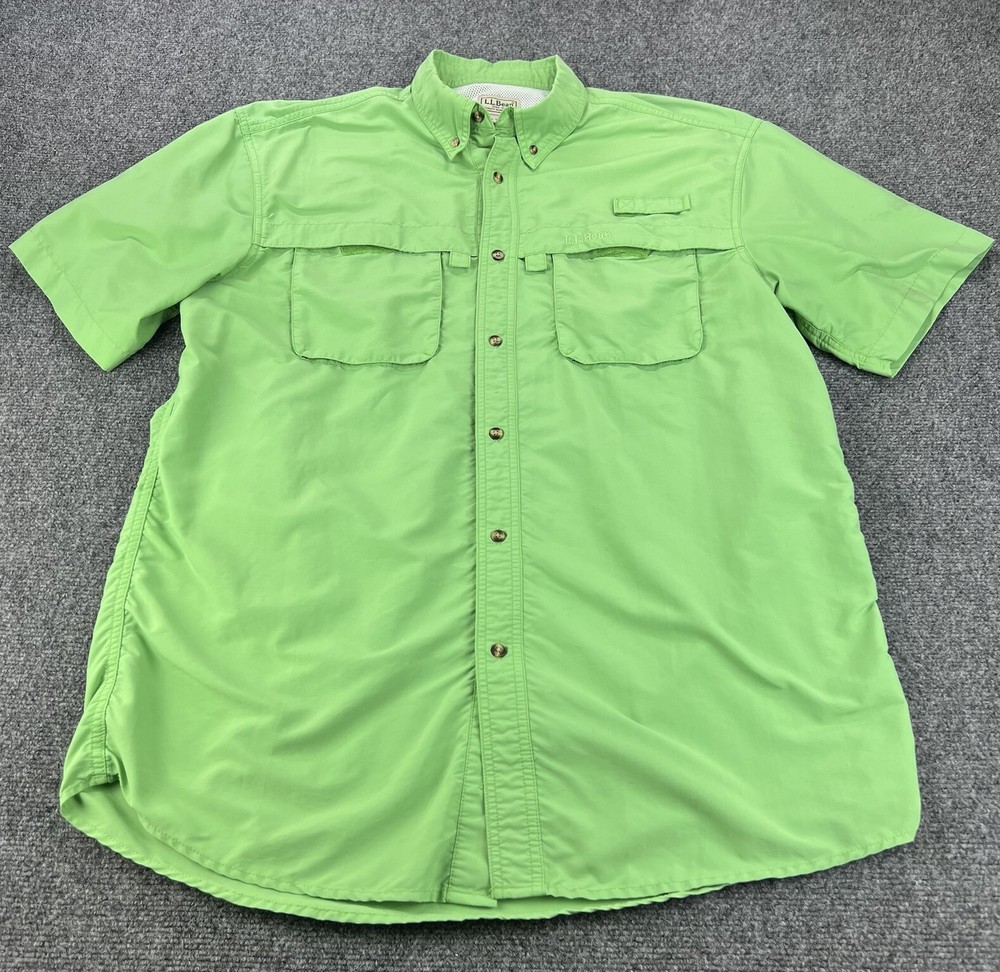 LL Bean Shirt Mens Large Tall LT Green Button Up Outdoors Fishing Vent Casual