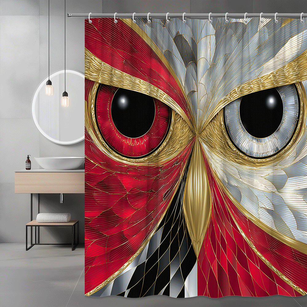 Owl Face Shower Curtain Red Gold White Graphic Print