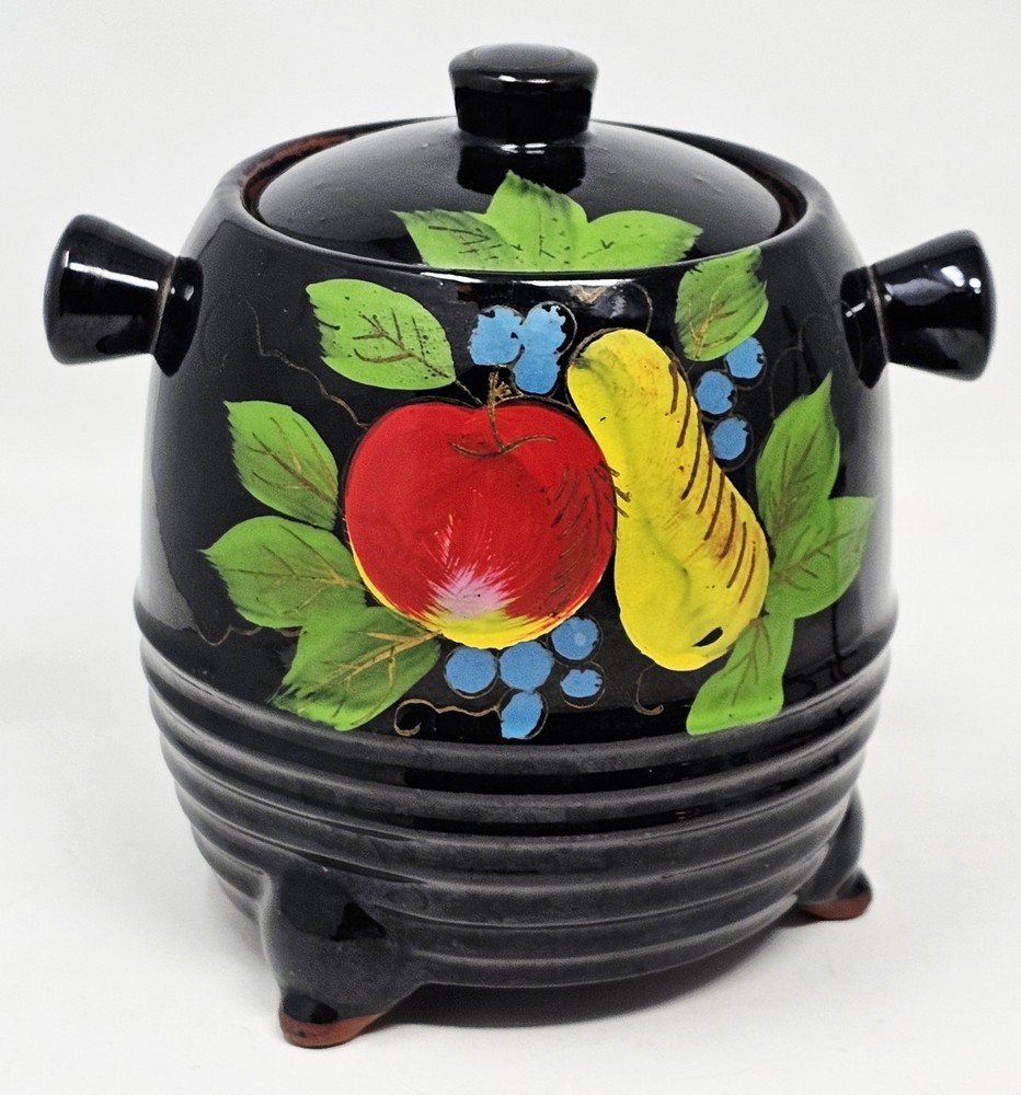 Vintage Biscuit Cookie Jar With Lid Bamboo Handle Painted Black Redware Fruit