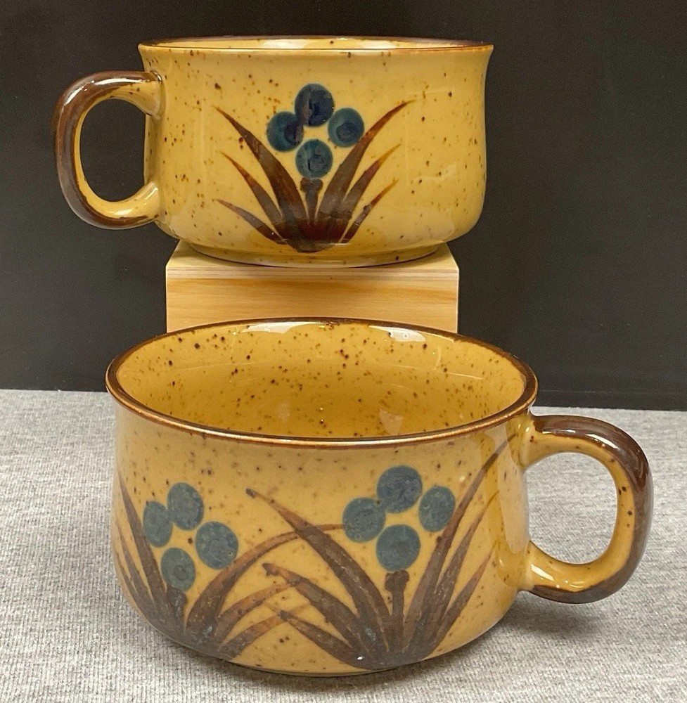 Set Of 2 Vintage Otagiri Style Stoneware Soup Mug/Bowls Blue/Brown Flowers MCM