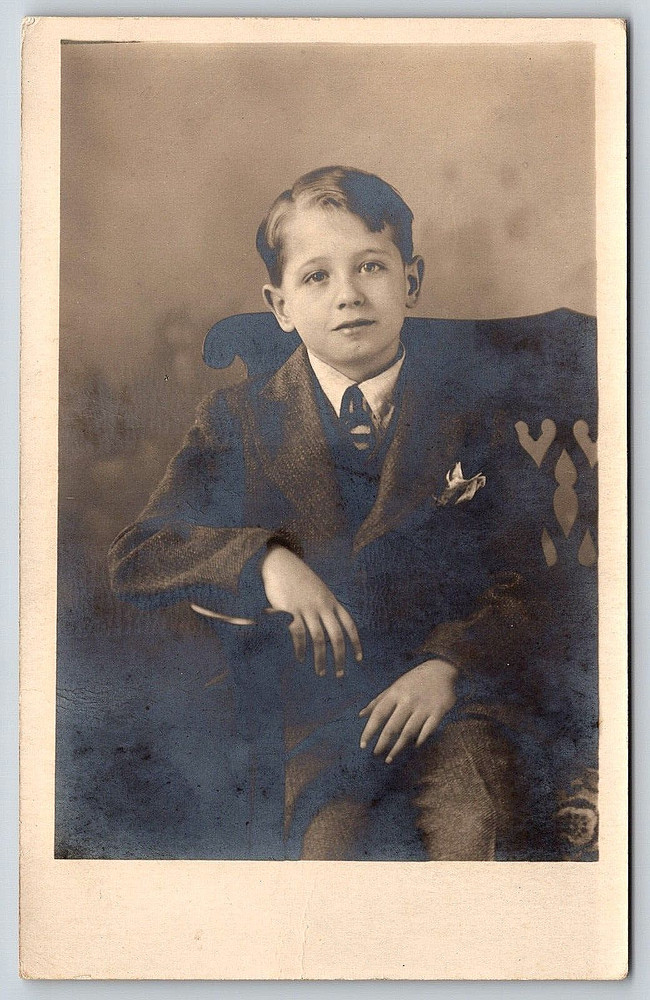 Vintage Old Antique Real Photo Postcard Picture Kid Boy Suit Coat Tie Chair 1927