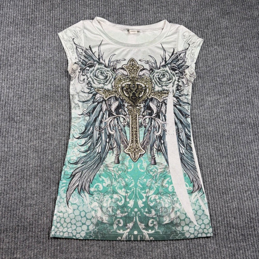 Body Central Shirt Women's M Y2K Graphic Tee Cross Wings Rhinestone Green E1119