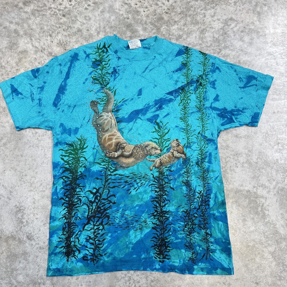 Vintage Hanes Shirt Mens Large Blue Sea Otter Kelp Allover Tie Dye Graphic 90s