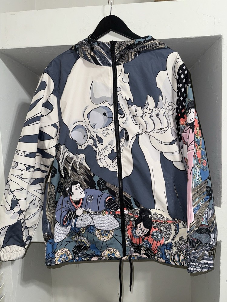 Rebel Vengeance All Over Print Japanese Samurai Skull Jacket Sz Large