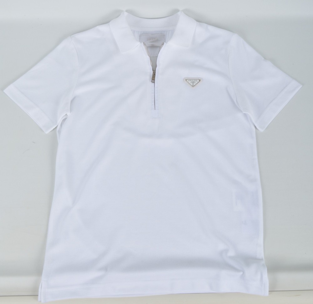Men's Prada White Triangle Logo Zip Polo Shirt Medium