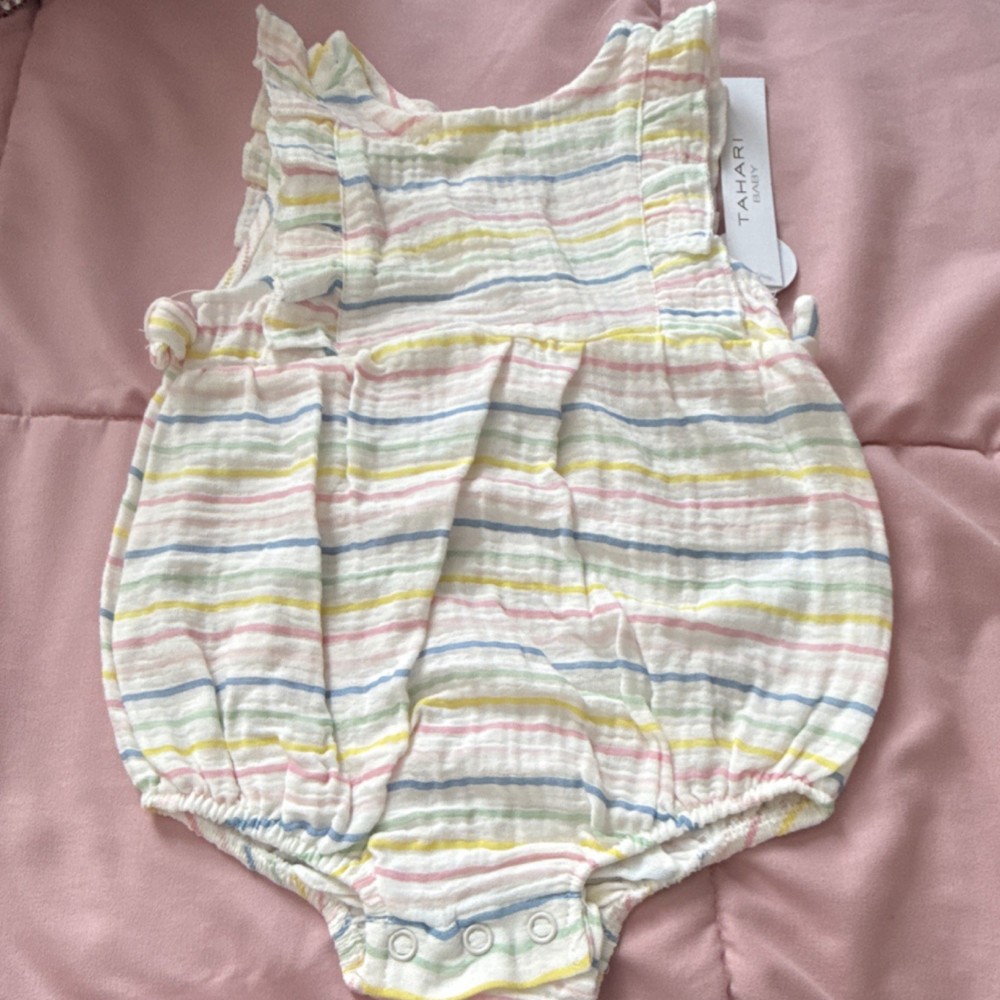 Tahari Baby Striped Sleeveless Cotton Romper 6-9M White Pink Yellow Blue Green