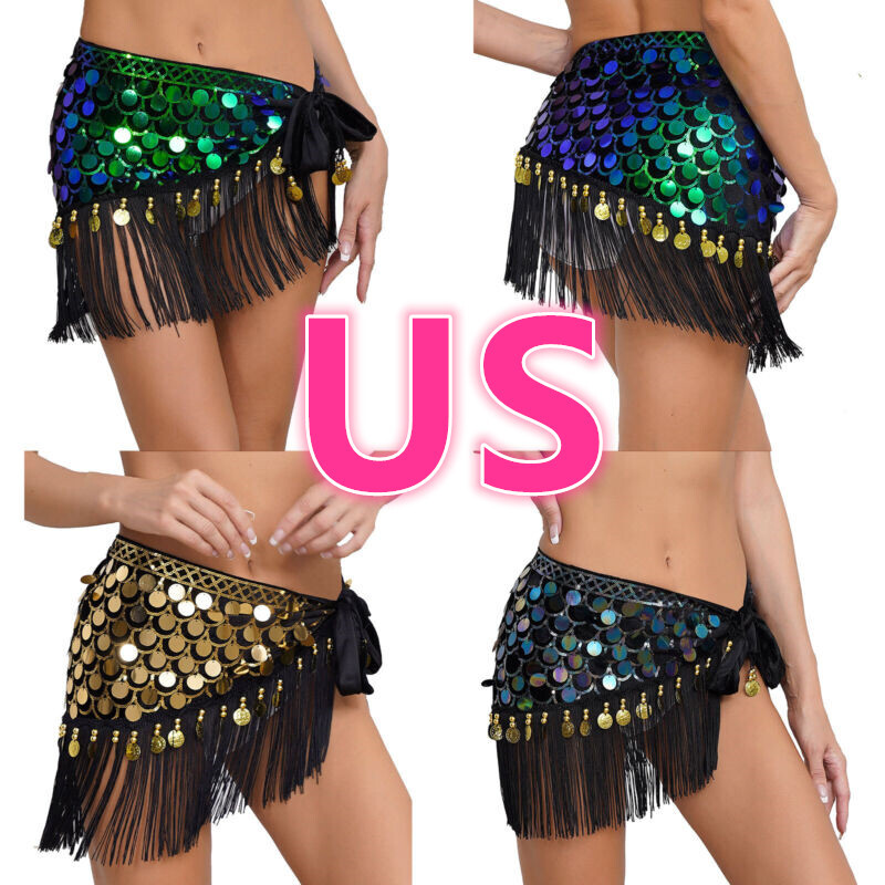 Women Belly Dance Scarf Lace-Up Hip Skirt Sequin Tassel Hip Scarf Wrap Skirt