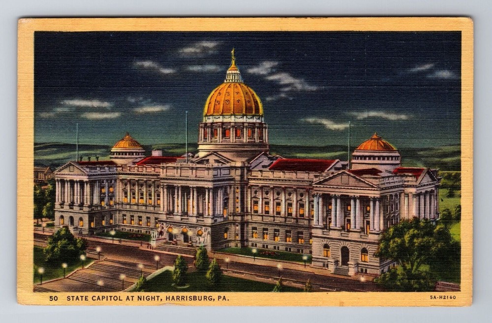 Harrisburg PA-Pennsylvania, State Capitol At Night, Antique Vintage Postcard