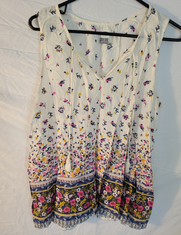 Old Navy White Multicolor Floral Rayon Pleated V-Neck Tank Top Women’s L