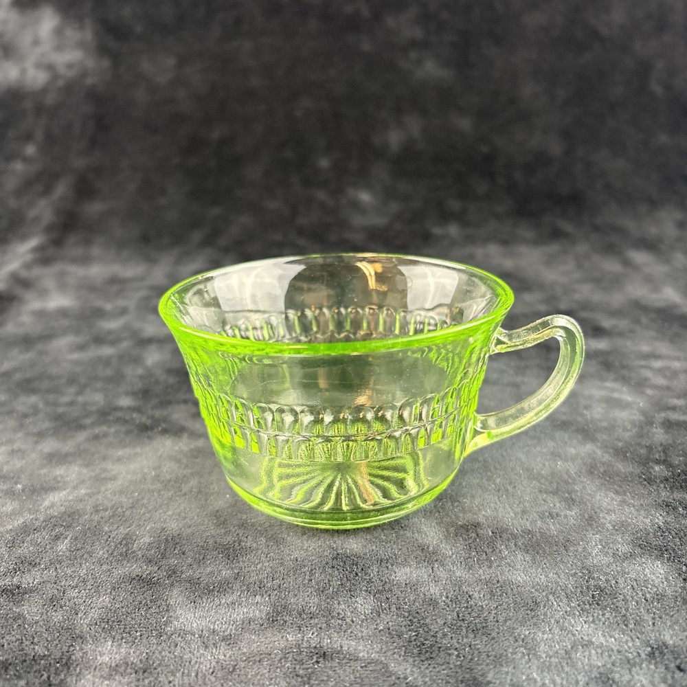 Green Uranium Depression Glass Coffee Tea Cup Roulette Anchor Hocking Glows VTG