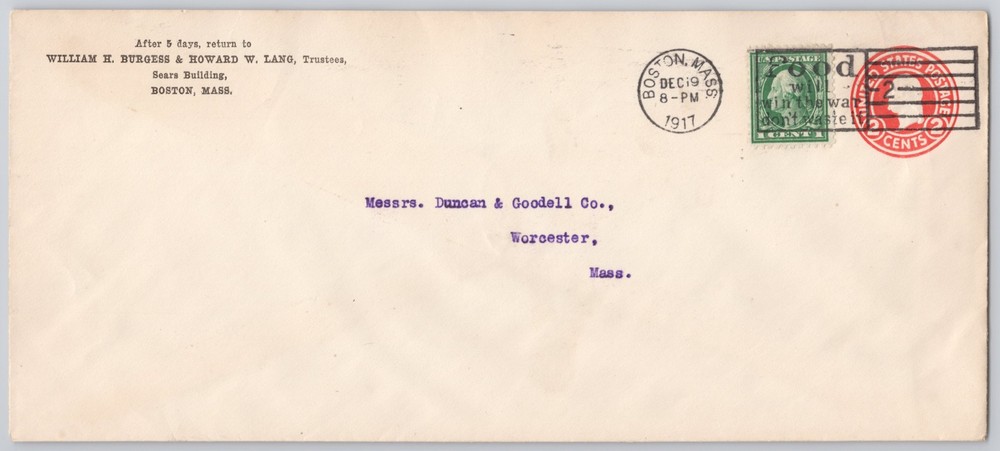 Boston, MA, Sears Building return envelope, 1¢ & 2¢ stamps — — 1917