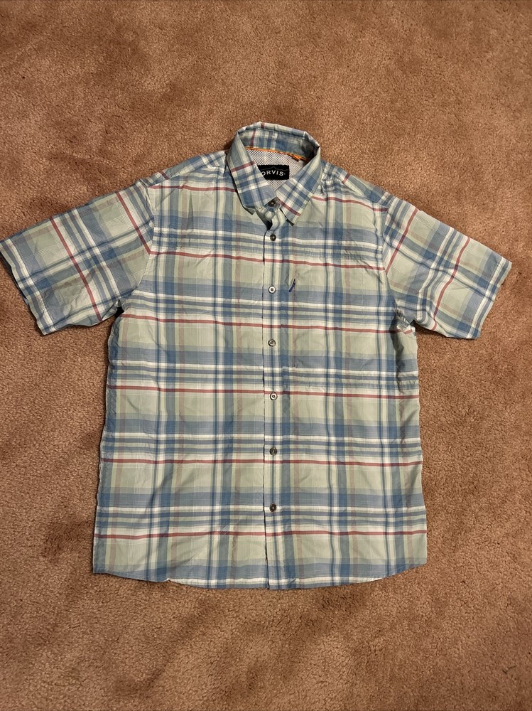 Orvis Shirt Mens Medium Blue Plaid Vented Fishing Short Sleeve Button Up Outdoor