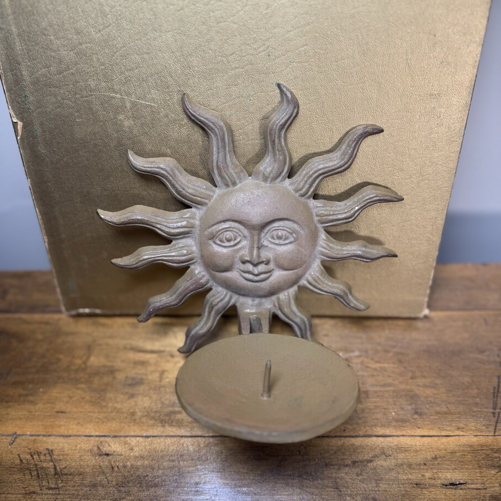 Cast Iron Hinged Flaming Sun Burst Wall Mount Candle Holder