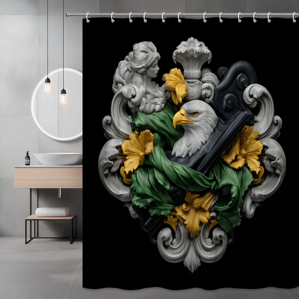 Eagle Floral Crest Shower Curtain Black Green Gold Graphic