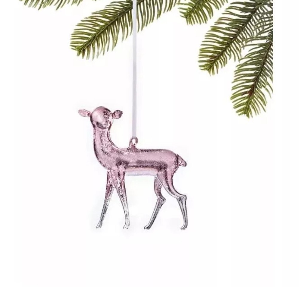 Holiday Lane Sugar Plum Pink Glass Reindeer Ornament Christmas 4.25in