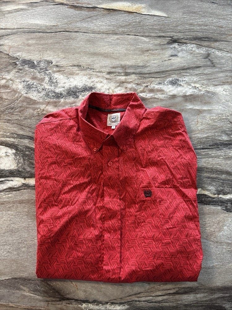 Cinch Mens Red Geometric Print Long Sleeve Button Down Shirt Size Large Cowboy