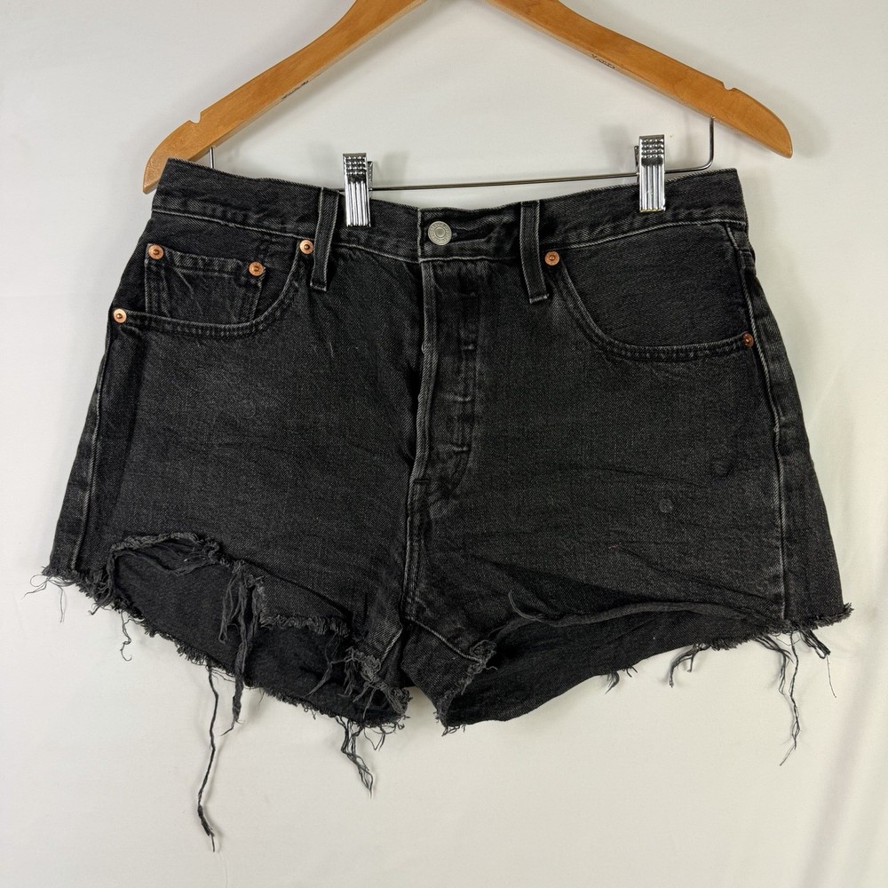 Levi's 501 Shorts Women's Size 29 Black Denim Cut Off Distressed Fringe Button