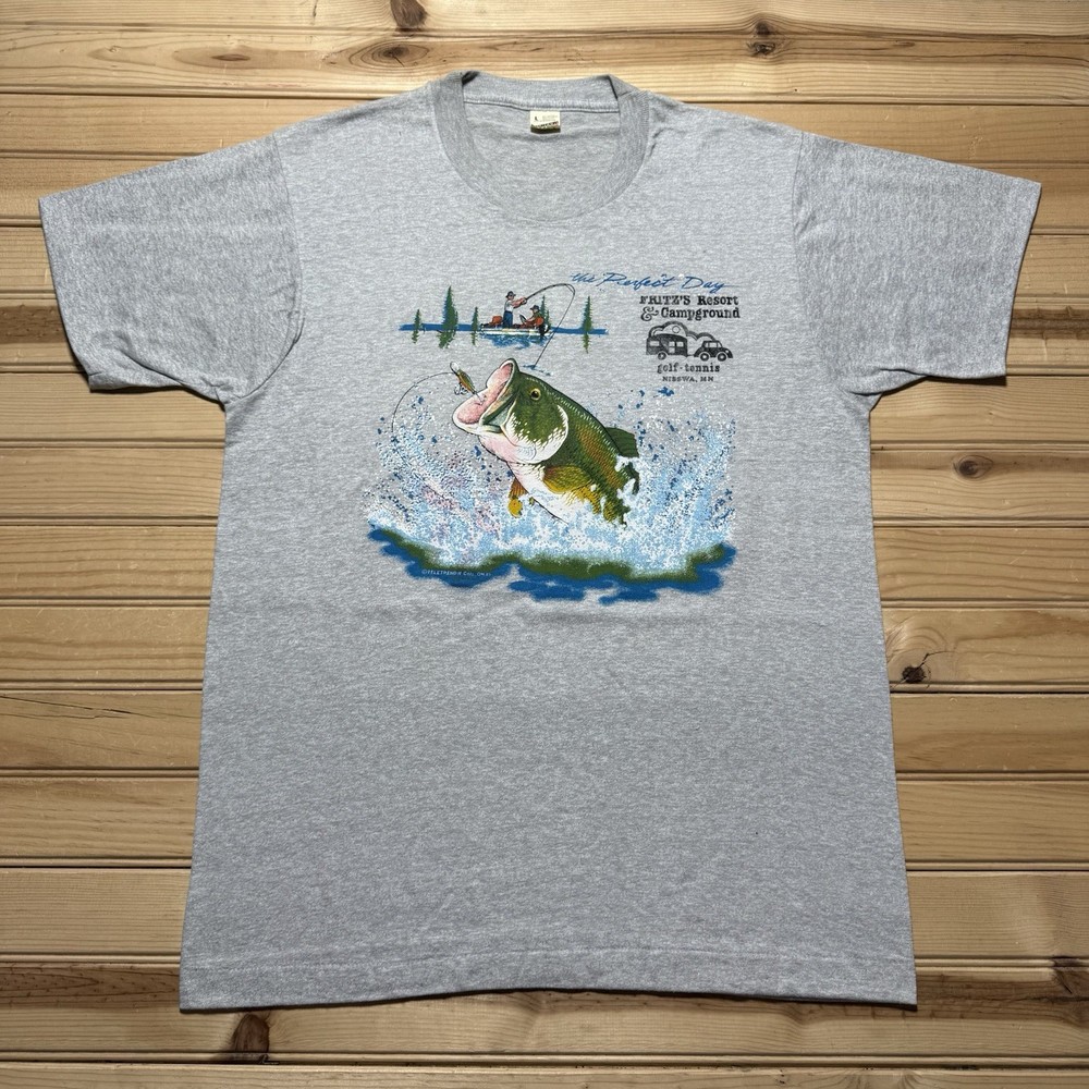 Vintage 80s Perfect Day Large Mouth Bass Fishing Fritz Resort Shirt Size Large