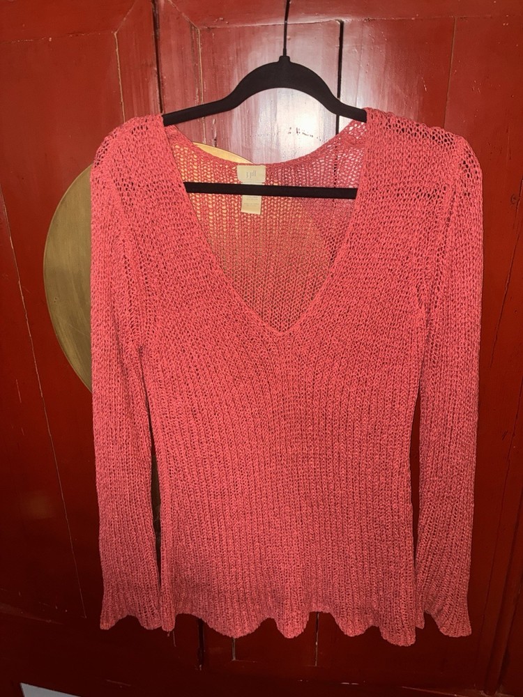 J. Jill Women's Red Open-Knit V-Neck Pullover Sweater XS Long Sleeve