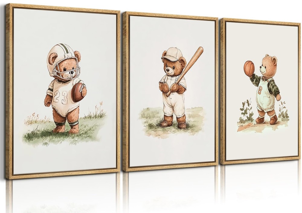 3Pcs Nursery Teddy Bear Canvas Wall Art Vintage Sports Bear Wall Decor Sports...