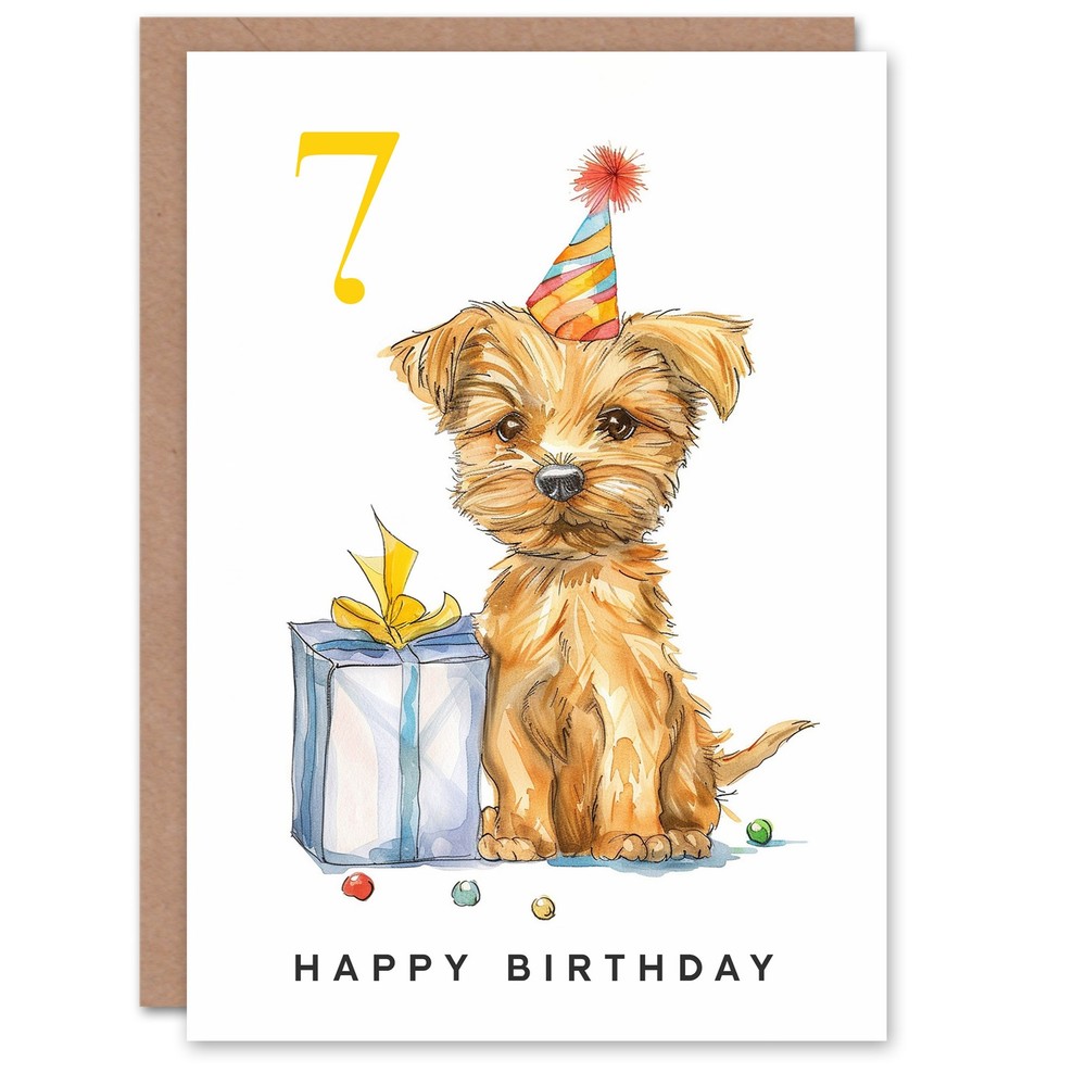 7th Birthday Card Cute Terrier Dog Puppy Party Hat Kids Age 7 Year Old Child