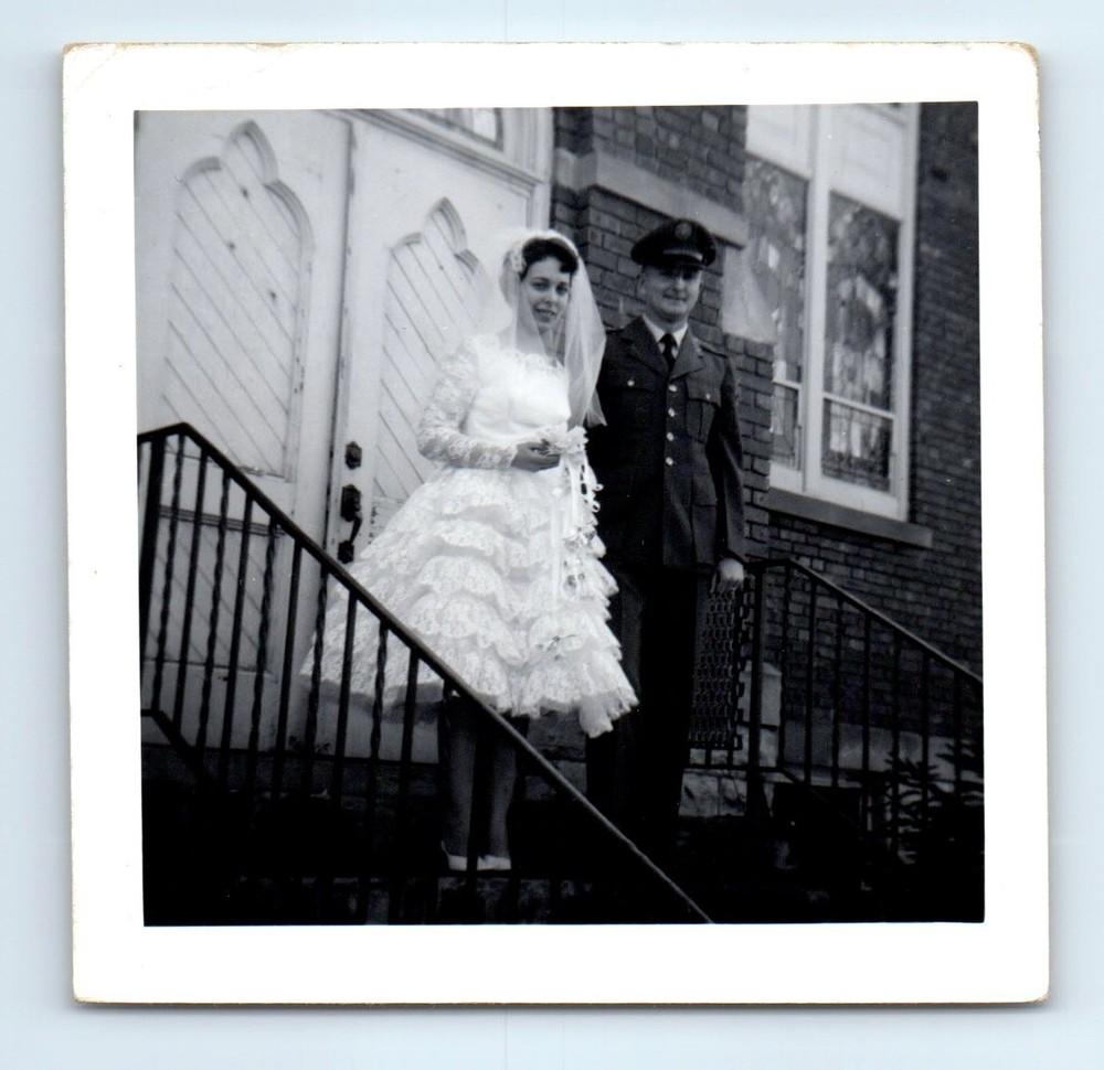 Old Vintage Square Photo MAN WOMAN BRIDE GROOM ARMY SOLDIER WEDDING DRESS