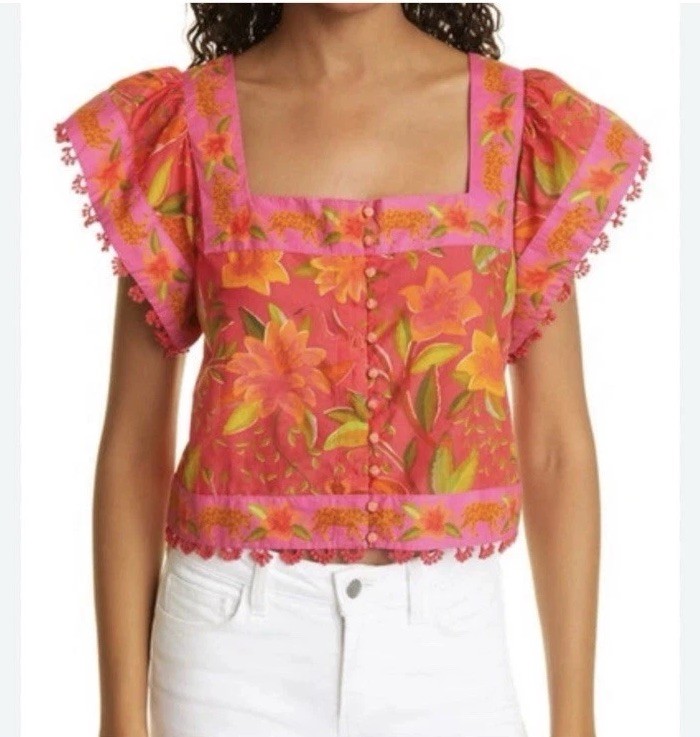 Farm Rio Floral Solar Forest Square Neck Cropped Blouse Top Resort Size XL