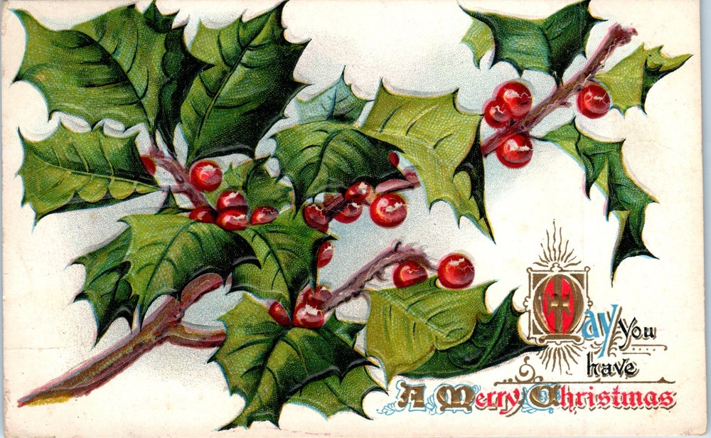 c1910s - Lovely Holly Branch W Gilt Embossed Christmas - Postcard - P13
