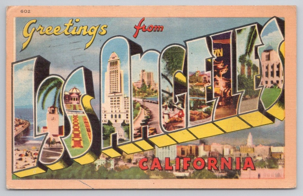Vtg 1949 Greetings from Los Angeles California Large Letter Postcard Linen