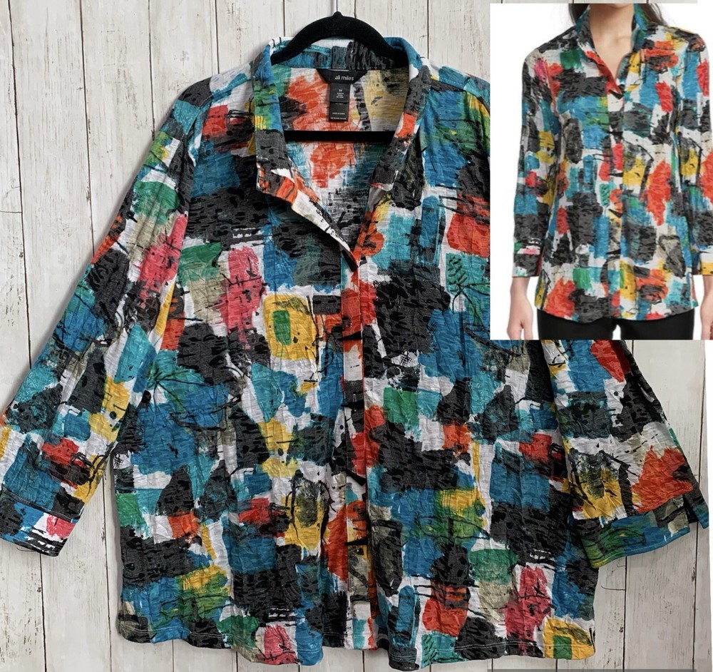 NWT Ali Miles 3X Knit Abstract Print Wire Collar 3/4 Sleeve Button-Front Tunic