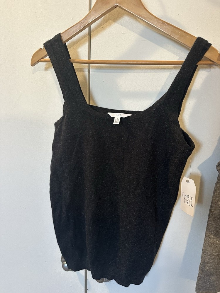 Time and Tru Black Knit Square Neck Wide Strap Tank Top Women's Size M (8-10)