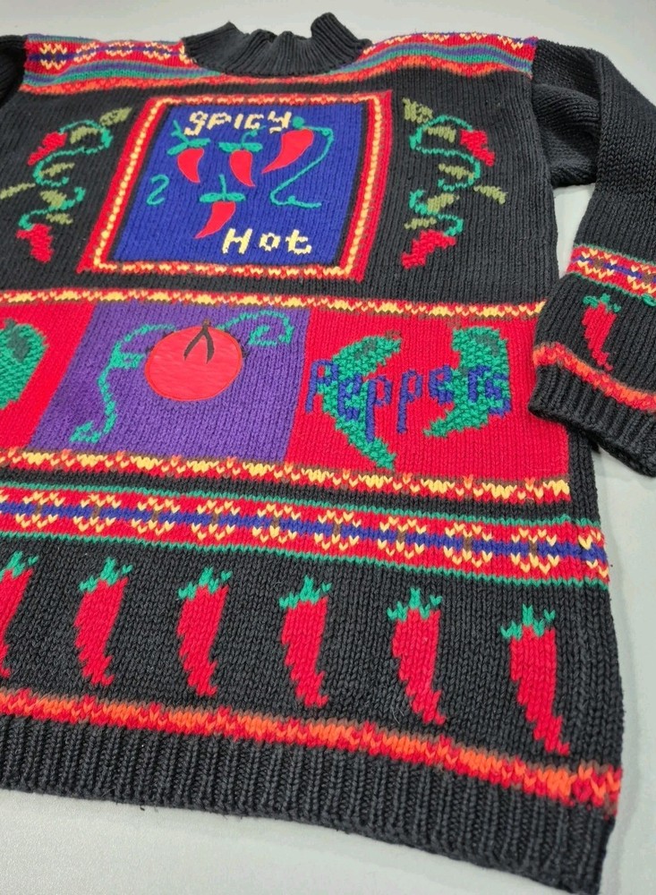 Vintage Karen Scott Hand Knits Sweater Mock Neck Spicy Hot Peppers Design Medium
