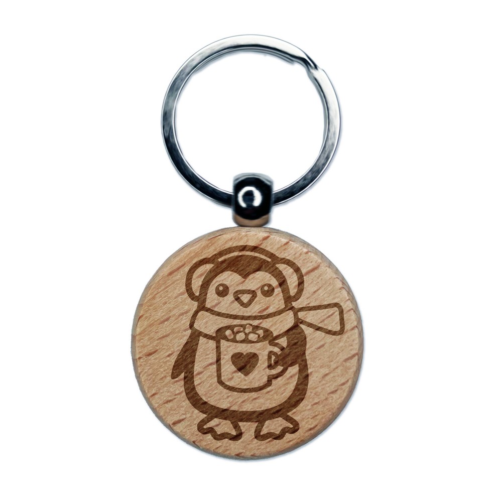Winter Penguin Hot Chocolate Heart Mug Engraved Wood Keychain