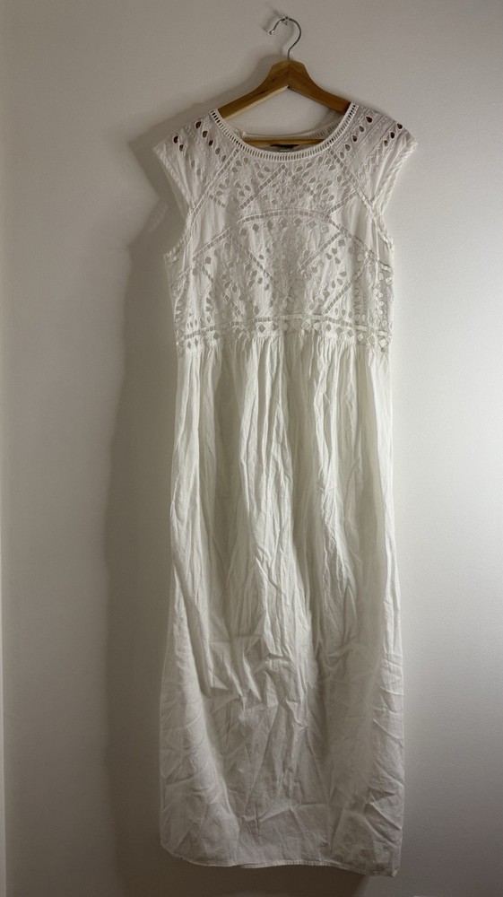 ✿ Lucky Brand White Eyelet Boho Maxi Dress S | Summer Beach Cover Up Cotton
