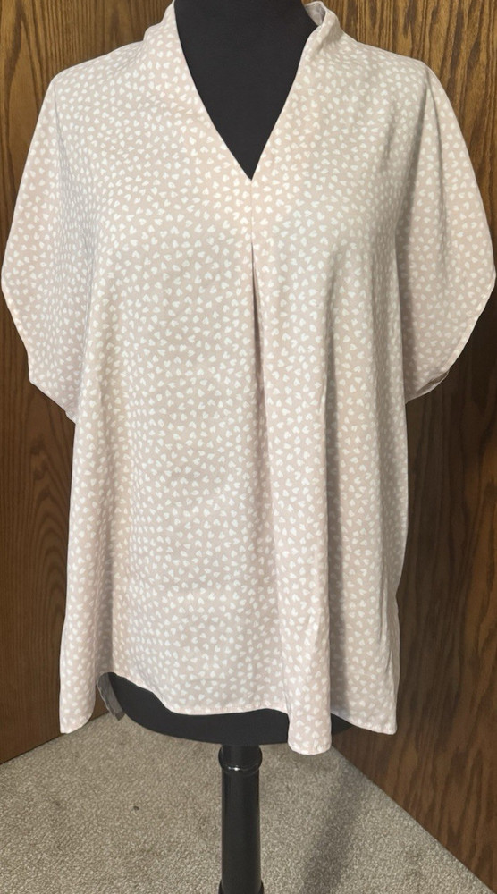 Lands' End Pink White Heart Print V-Neck Pleated Woven Blouse 14 Women