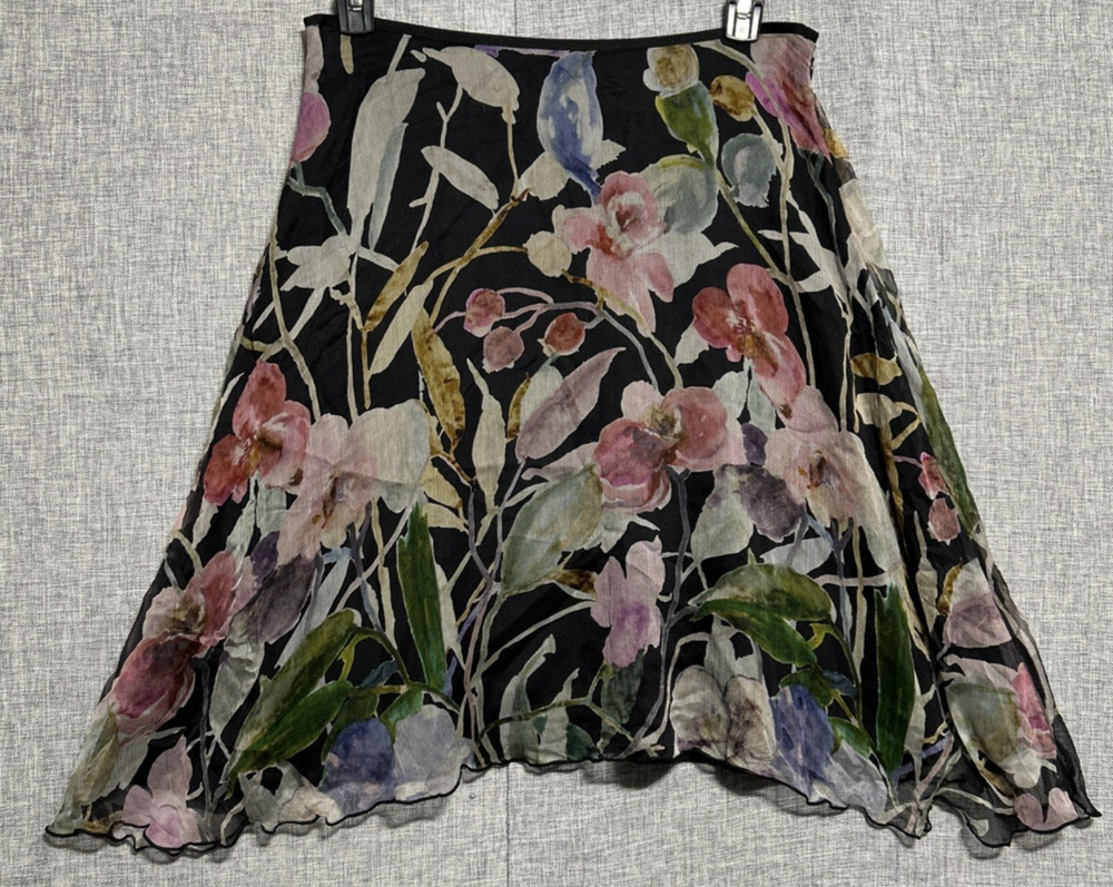 Far Hills Women's Watercolor Floral Sheer Lined Silk Skirt Size 40 Flowy Boho