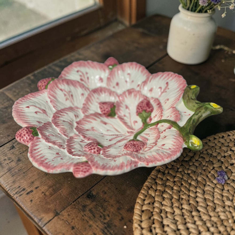 Vintage Majolica Strawberry Berry  Leaf Serving Plate 