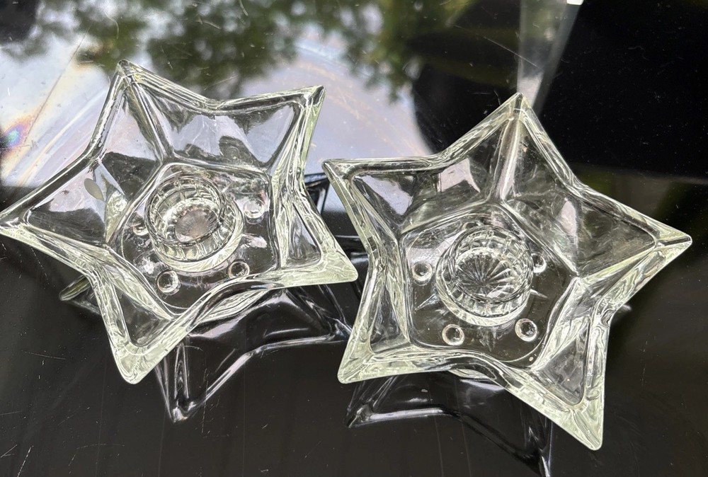Vintage Hazel Atlas Star Shaped Glass Candle Holders Set of 2