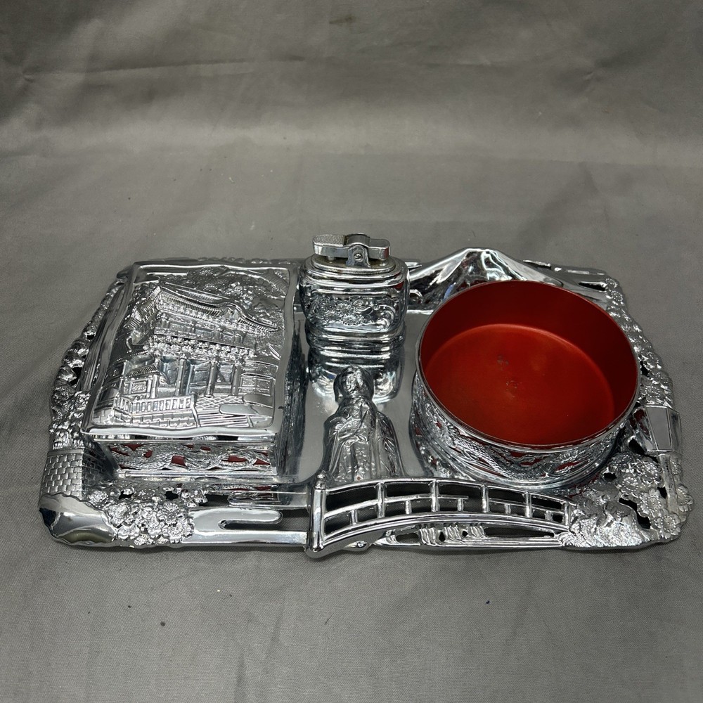 Vintage Japanese Smoking Set - Featuring Mt. Fuji, a pagoda, Geisha and dragon