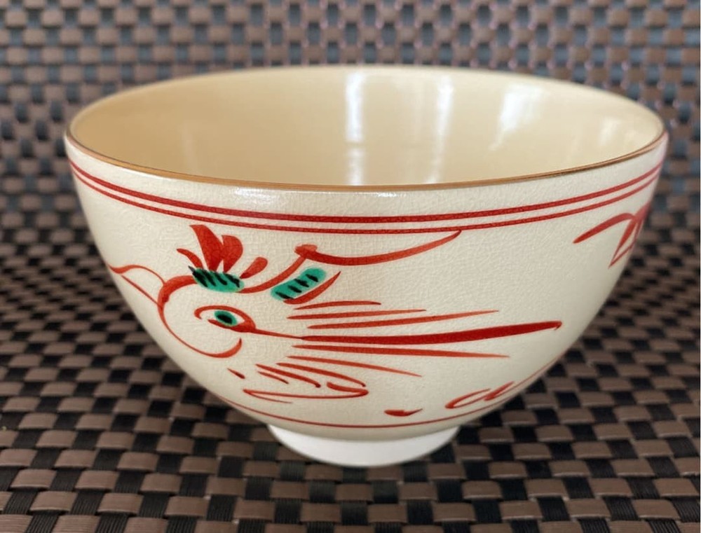 Kyoto Ware Matcha Bowl Red Flowers Gold Trim Ryusei Urasenke Tea Ceremony
